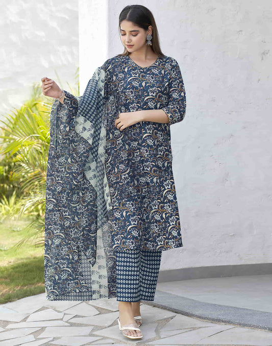 Rama Blue Printed Rayon Straight Kurta With Pant And Dupatta