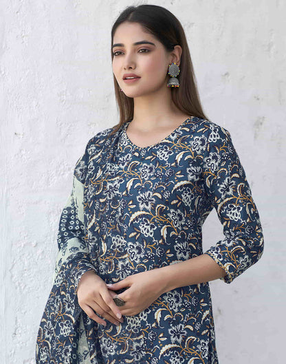 Rama Blue Printed Rayon Straight Kurta With Pant And Dupatta