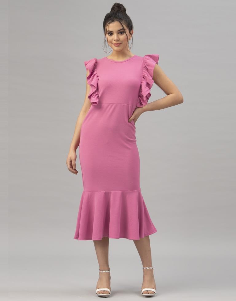 Mind Blowing Pink Coloured Knitted Lycra Dress | Sudathi
