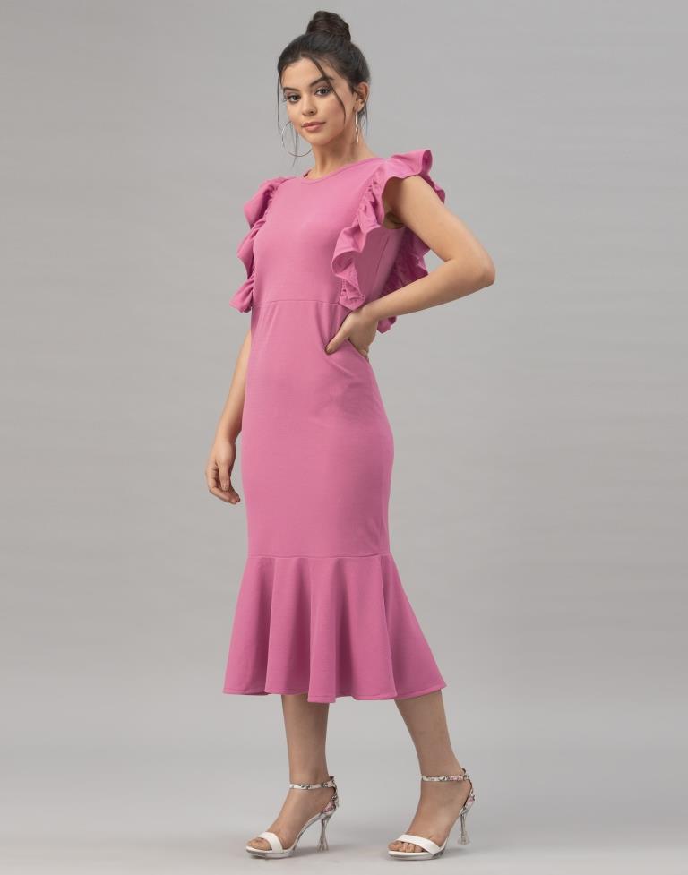 Mind Blowing Pink Coloured Knitted Lycra Dress | Sudathi
