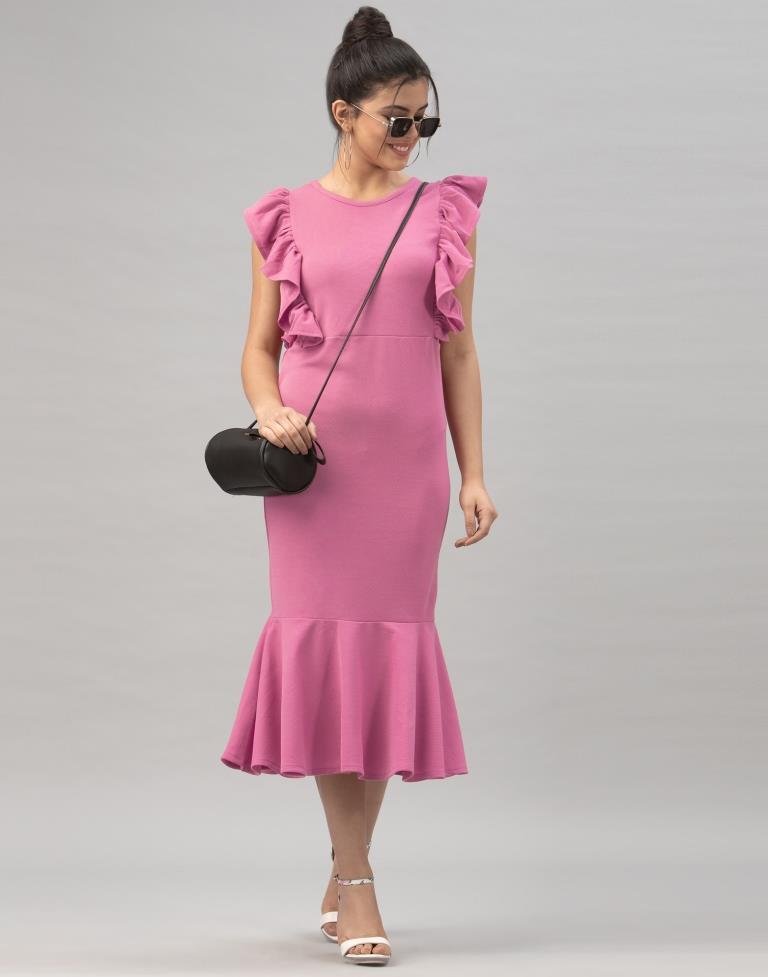 Mind Blowing Pink Coloured Knitted Lycra Dress | Sudathi