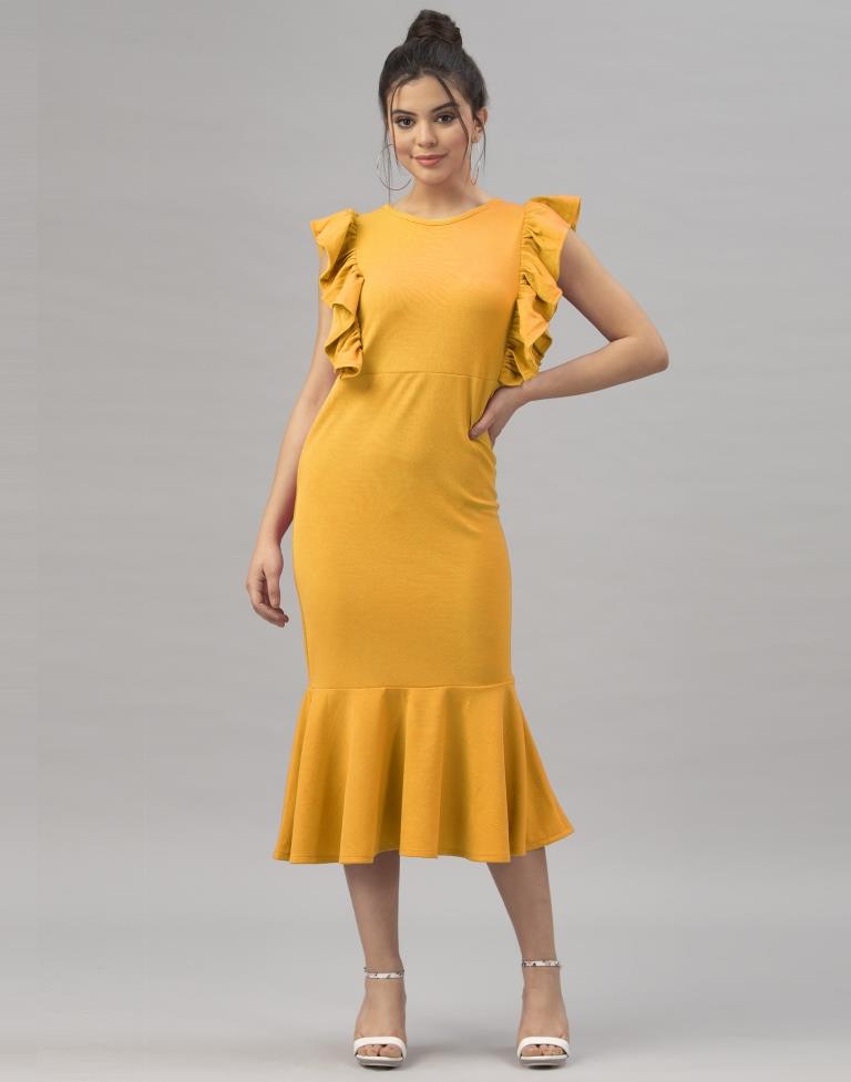 Blissful Mustard Yellow Coloured Knitted Lycra Dress | Sudathi
