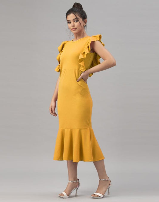 Blissful Mustard Yellow Coloured Knitted Lycra Dress | Sudathi
