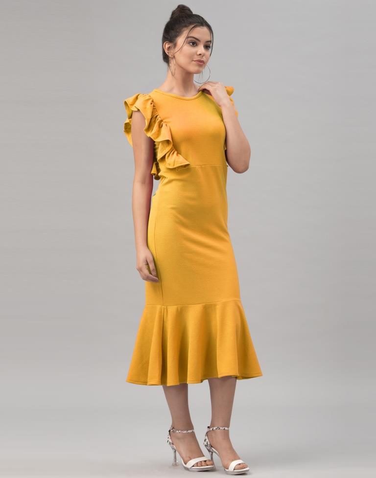 Blissful Mustard Yellow Coloured Knitted Lycra Dress | Sudathi