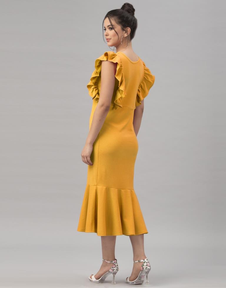 Blissful Mustard Yellow Coloured Knitted Lycra Dress | Sudathi