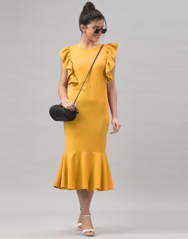 Blissful Mustard Yellow Coloured Knitted Lycra Dress | Sudathi