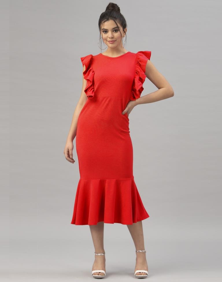 Sparkling Red Coloured Knitted Lycra Dress | Sudathi