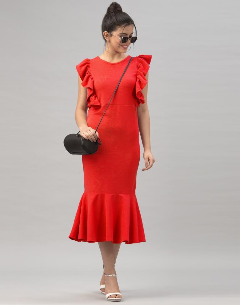 Sparkling Red Coloured Knitted Lycra Dress | Sudathi