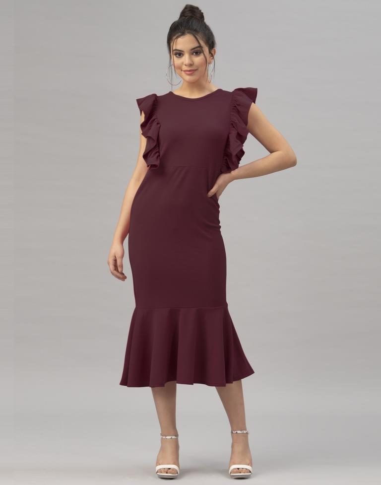 Charismatic Dark Brown Coloured Knitted Lycra Dress | Sudathi