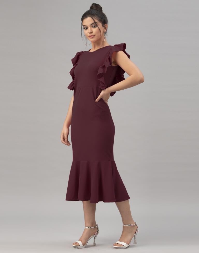 Charismatic Dark Brown Coloured Knitted Lycra Dress | Sudathi
