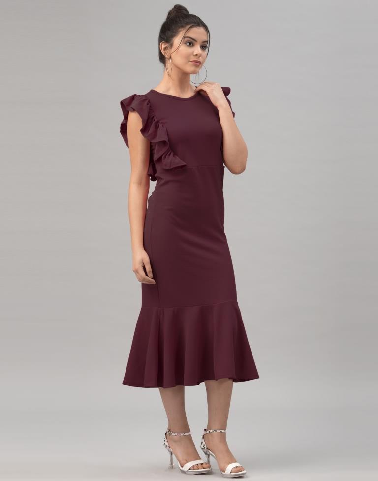 Charismatic Dark Brown Coloured Knitted Lycra Dress | Sudathi