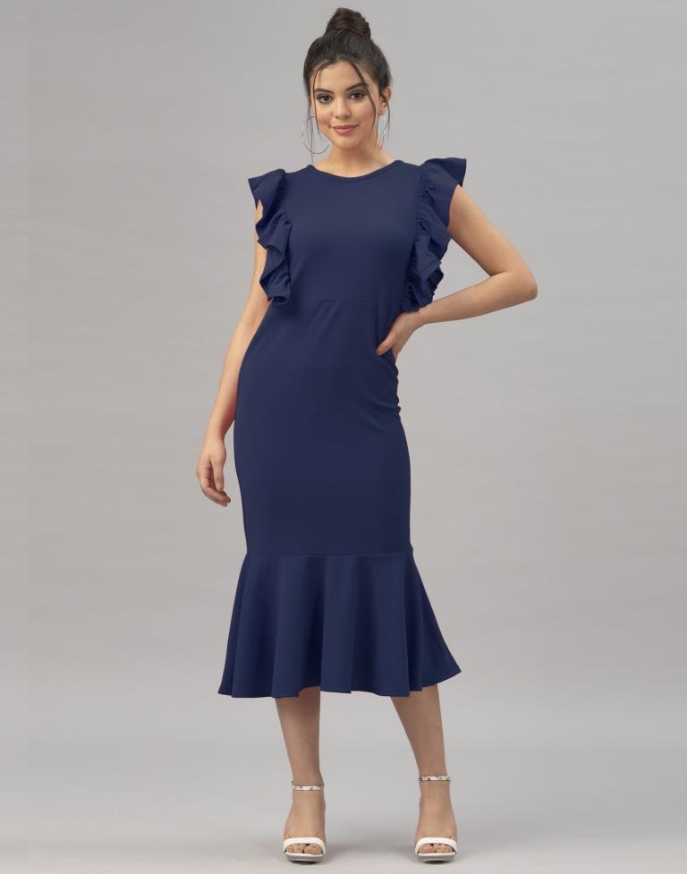 Navy Blue Ruffel Bodycon Dress | Sudathi