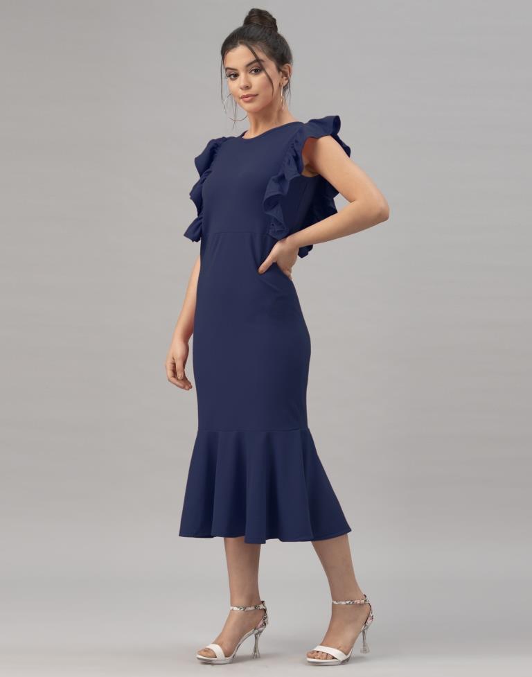 Navy Blue Ruffel Bodycon Dress | Sudathi