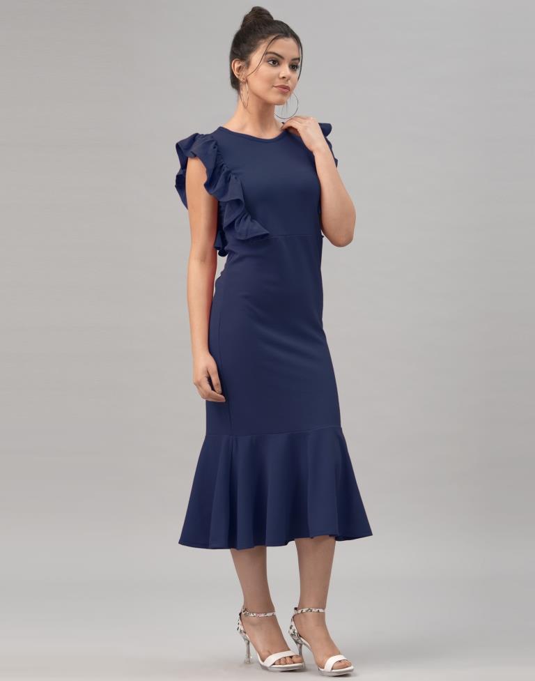 Navy Blue Ruffel Bodycon Dress | Sudathi