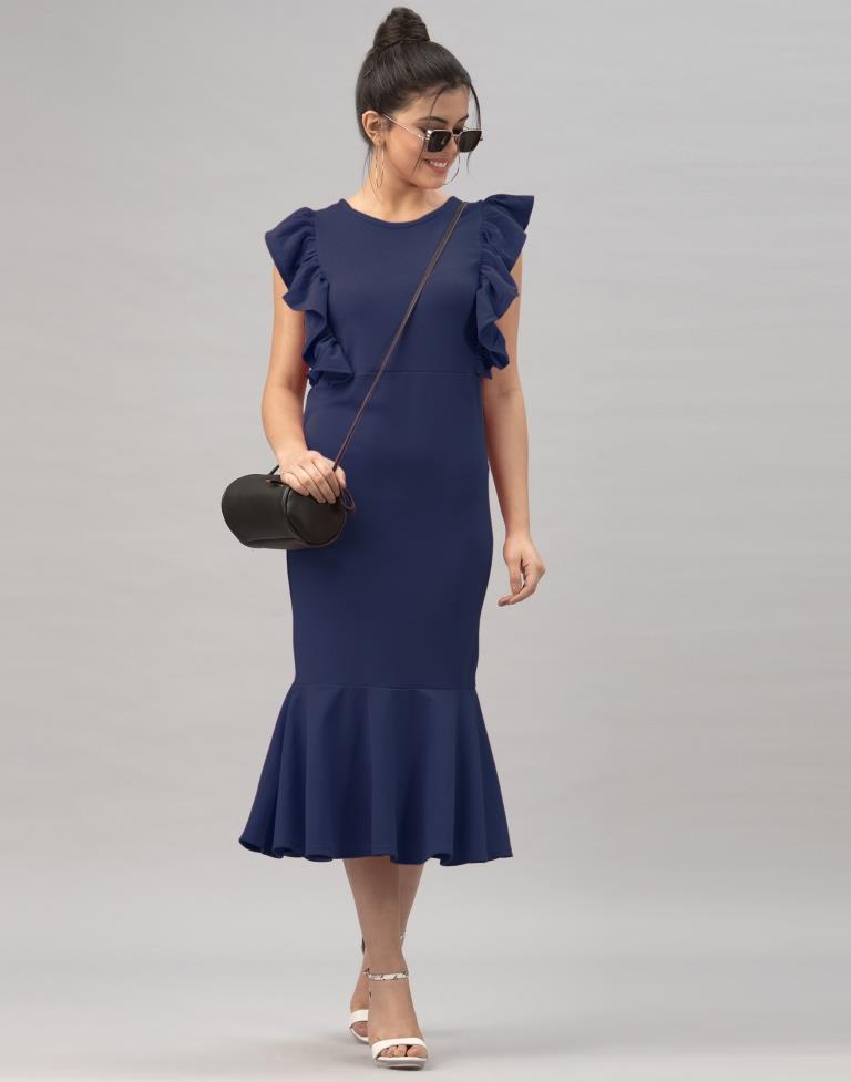 Navy Blue Ruffel Bodycon Dress | Sudathi
