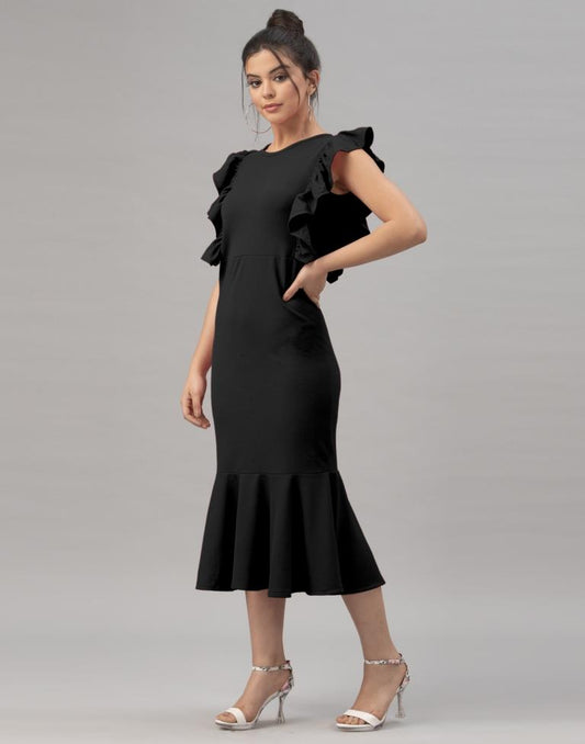Black Ruffel Bodycon Dress | Sudathi