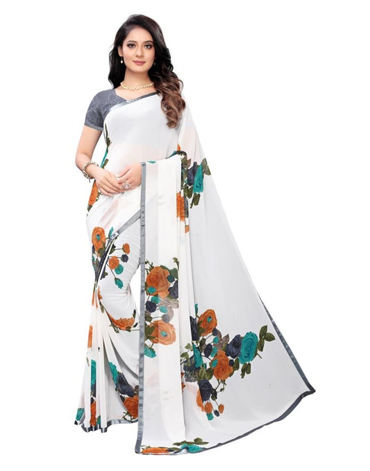 White Coloured Georgette Printed Casual saree | Leemboodi