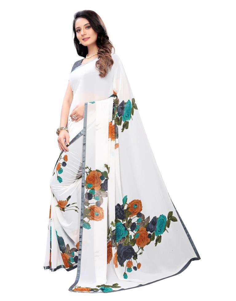 White Coloured Georgette Printed Casual saree | Leemboodi