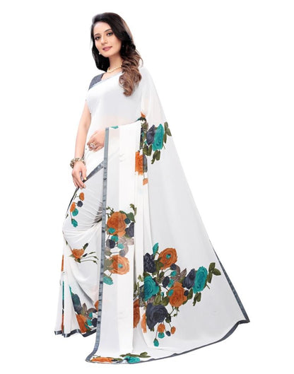White Coloured Georgette Printed Casual saree | Leemboodi