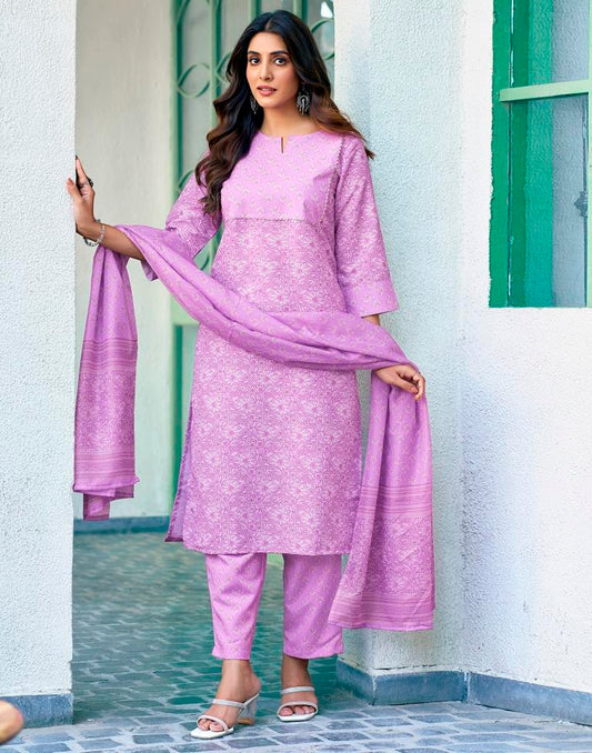 Lavender Rayon Printed Kurta Set With Dupatta