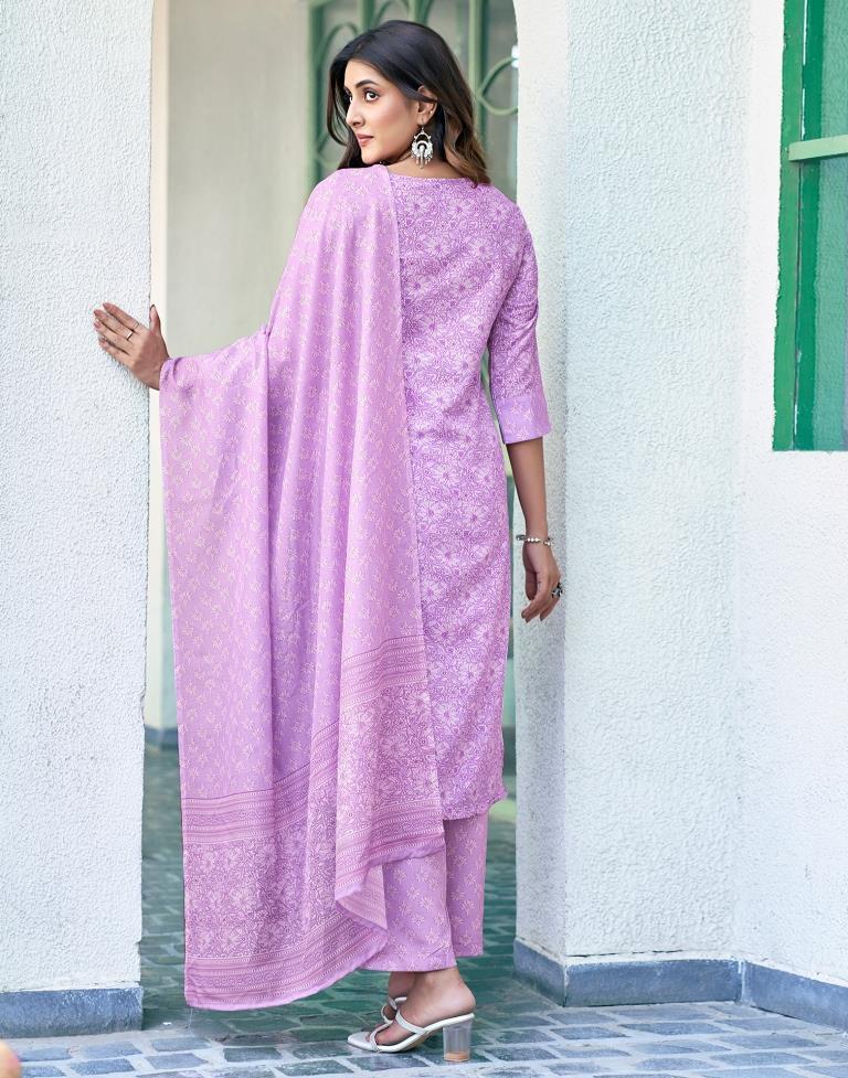 Lavender Rayon Printed Kurta Set With Dupatta