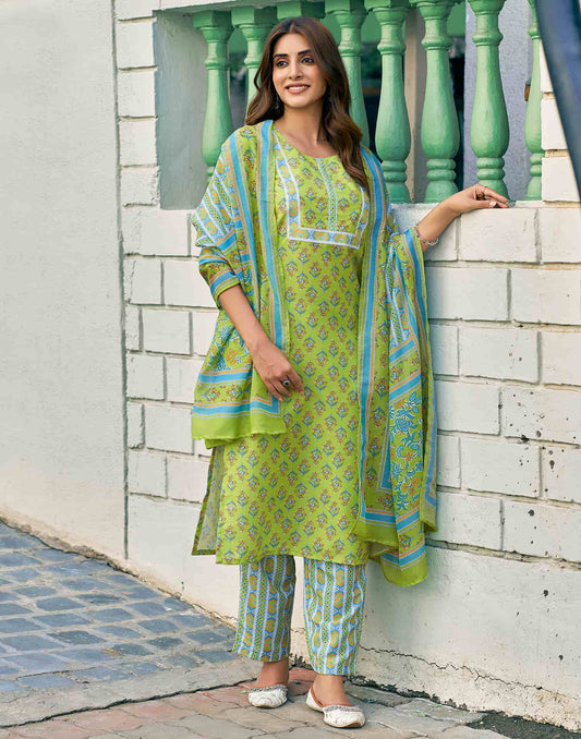 Light Green Printed Rayon Straight Kurta With Pant And Dupatta