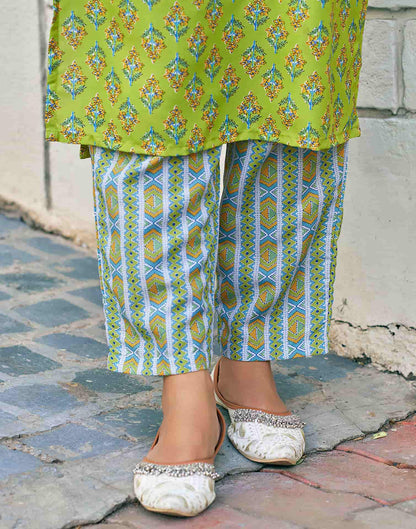 Light Green Printed Rayon Straight Kurta With Pant And Dupatta