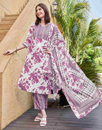 White Printed Rayon Straight Kurta With Pant And Dupatta