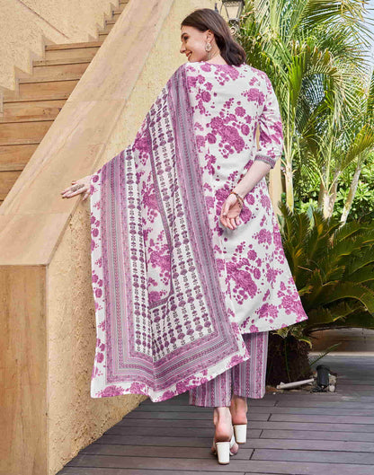 White Printed Rayon Straight Kurta With Pant And Dupatta