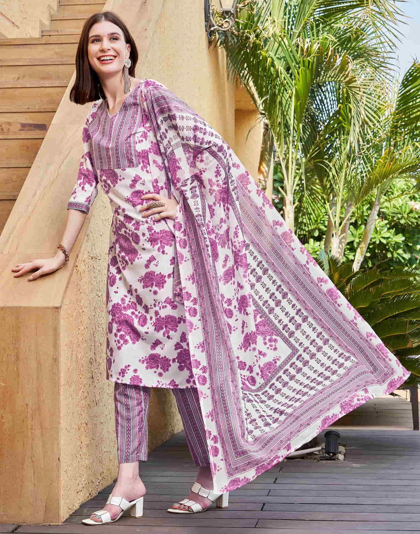 White Printed Rayon Straight Kurta With Pant And Dupatta