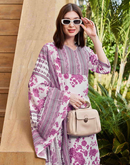 White Printed Rayon Straight Kurta With Pant And Dupatta