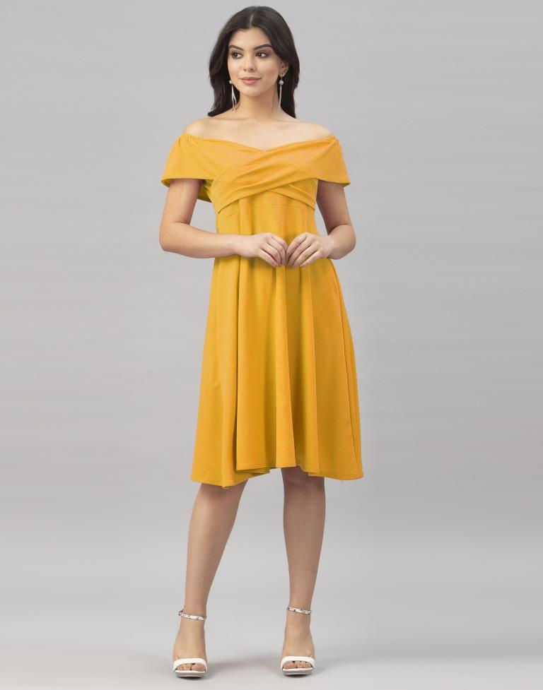 Rust Mustard Yellow Coloured Knitted Lycra Dress | Sudathi