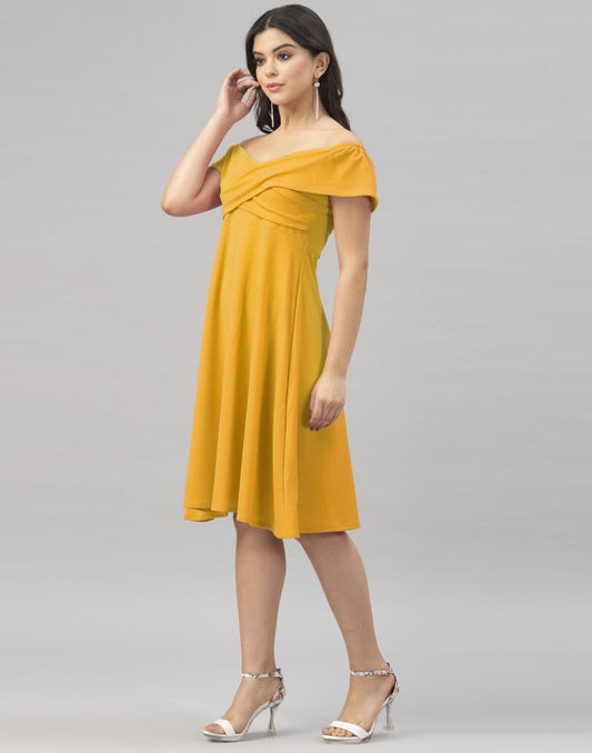Rust Mustard Yellow Coloured Knitted Lycra Dress | Sudathi