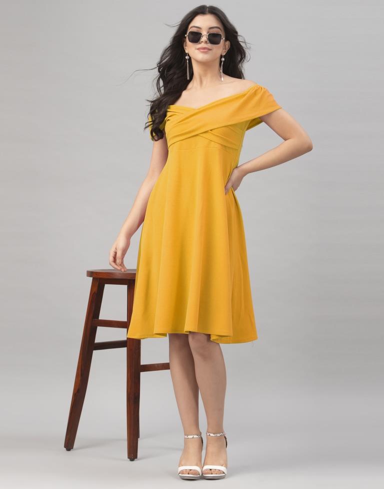 Rust Mustard Yellow Coloured Knitted Lycra Dress | Sudathi
