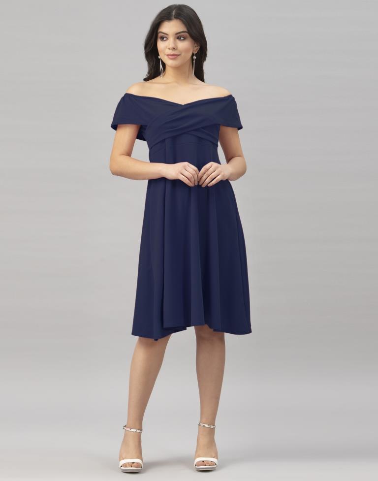 Peppy Navy Blue Coloured Knitted Lycra Dress | Sudathi