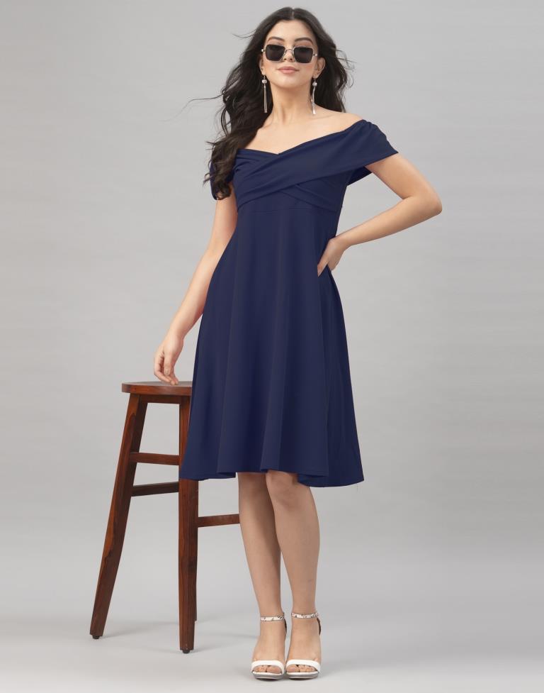 Peppy Navy Blue Coloured Knitted Lycra Dress | Sudathi