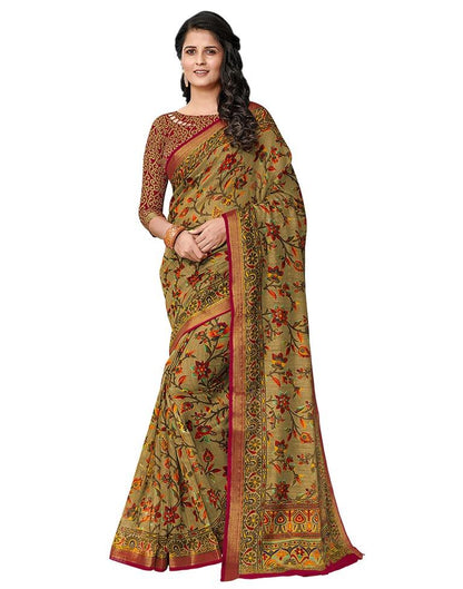 Olive Green Coloured Cotton Blend Printed Casual saree | Leemboodi