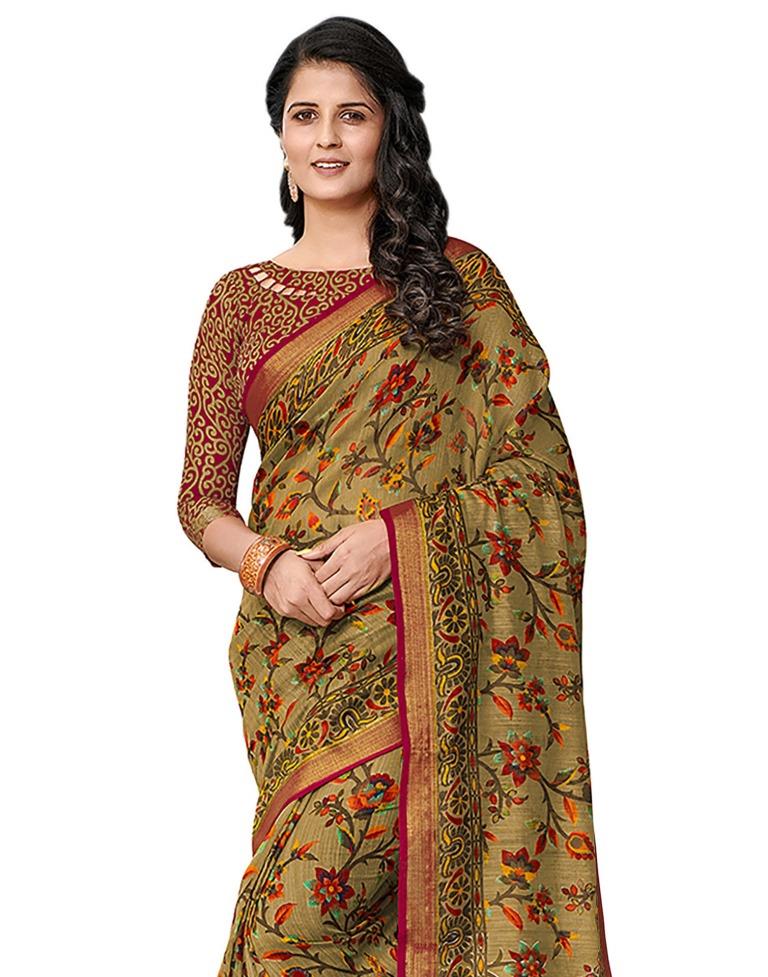 Olive Green Coloured Cotton Blend Printed Casual saree | Leemboodi