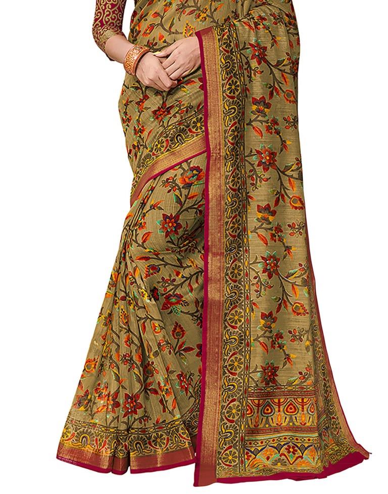 Olive Green Coloured Cotton Blend Printed Casual saree | Leemboodi
