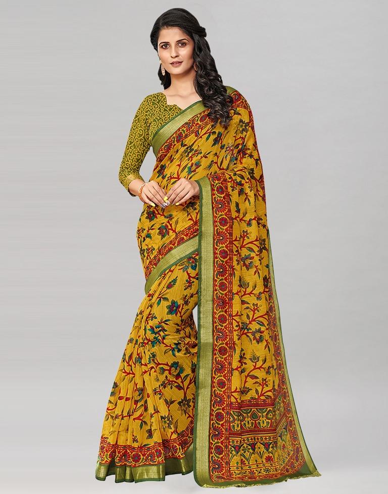 Mustard Coloured Printed Cotton Saree | Leemboodi