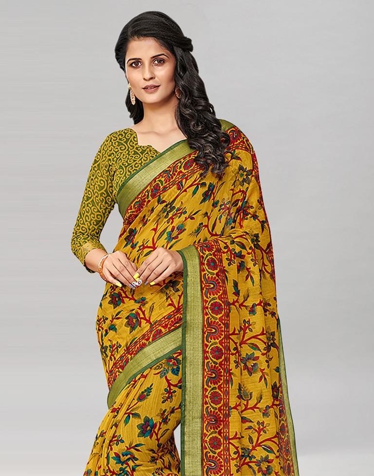 Mustard Coloured Printed Cotton Saree | Leemboodi