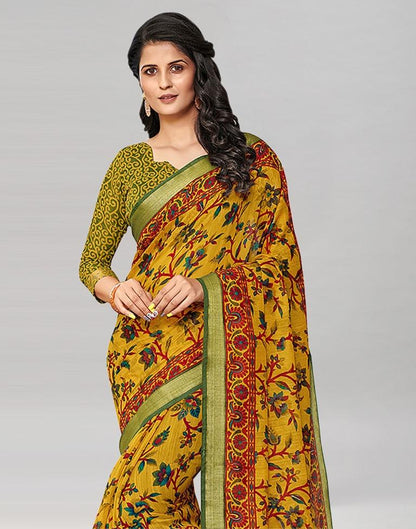 Mustard Coloured Printed Cotton Saree | Leemboodi