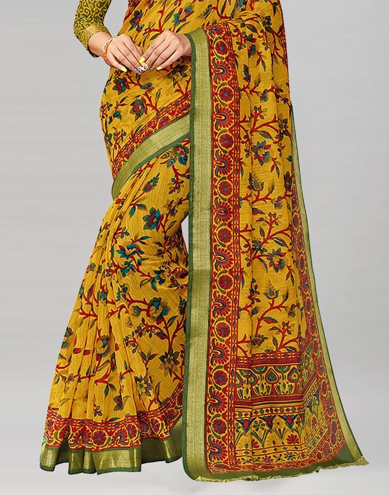 Mustard Coloured Printed Cotton Saree | Leemboodi