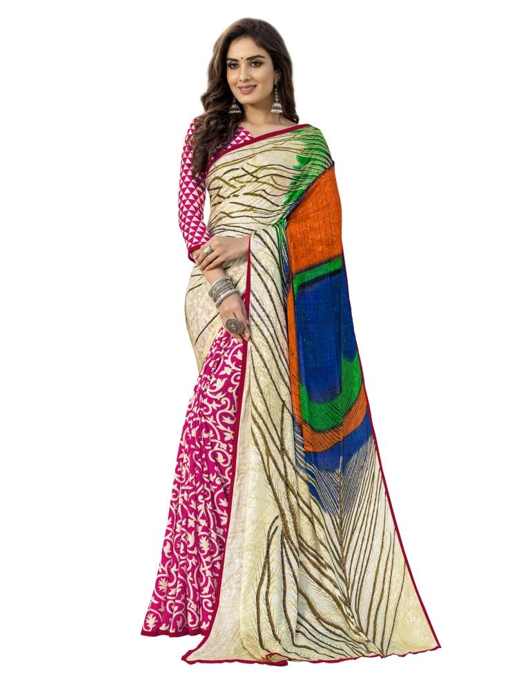 White Coloured Silk Crepe Embellished Partywear saree | Leemboodi