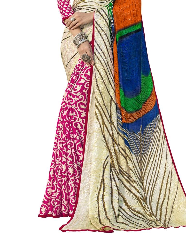 White Coloured Silk Crepe Embellished Partywear saree | Leemboodi