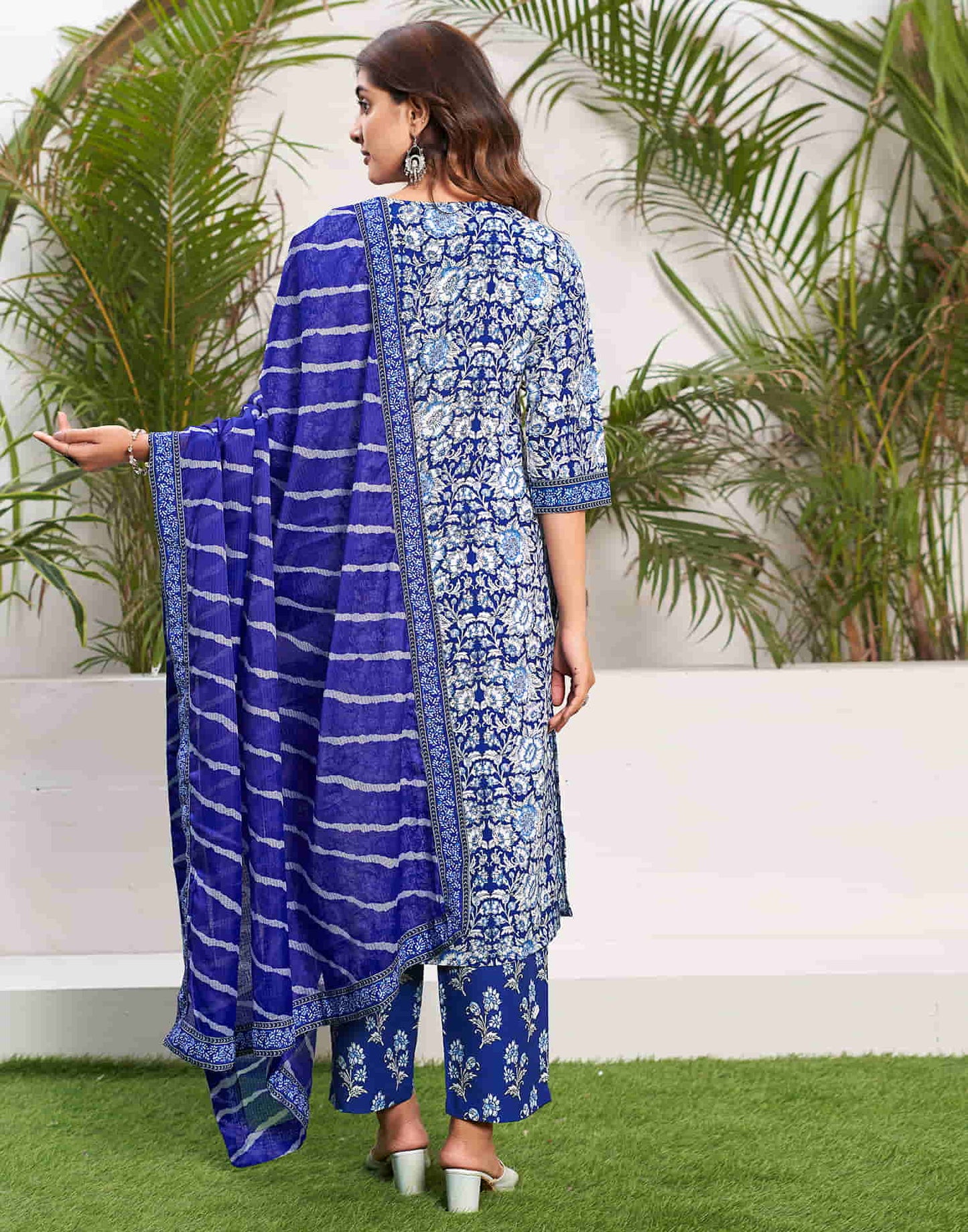 Blue Printed Rayon Straight Kurta With Pant And Dupatta