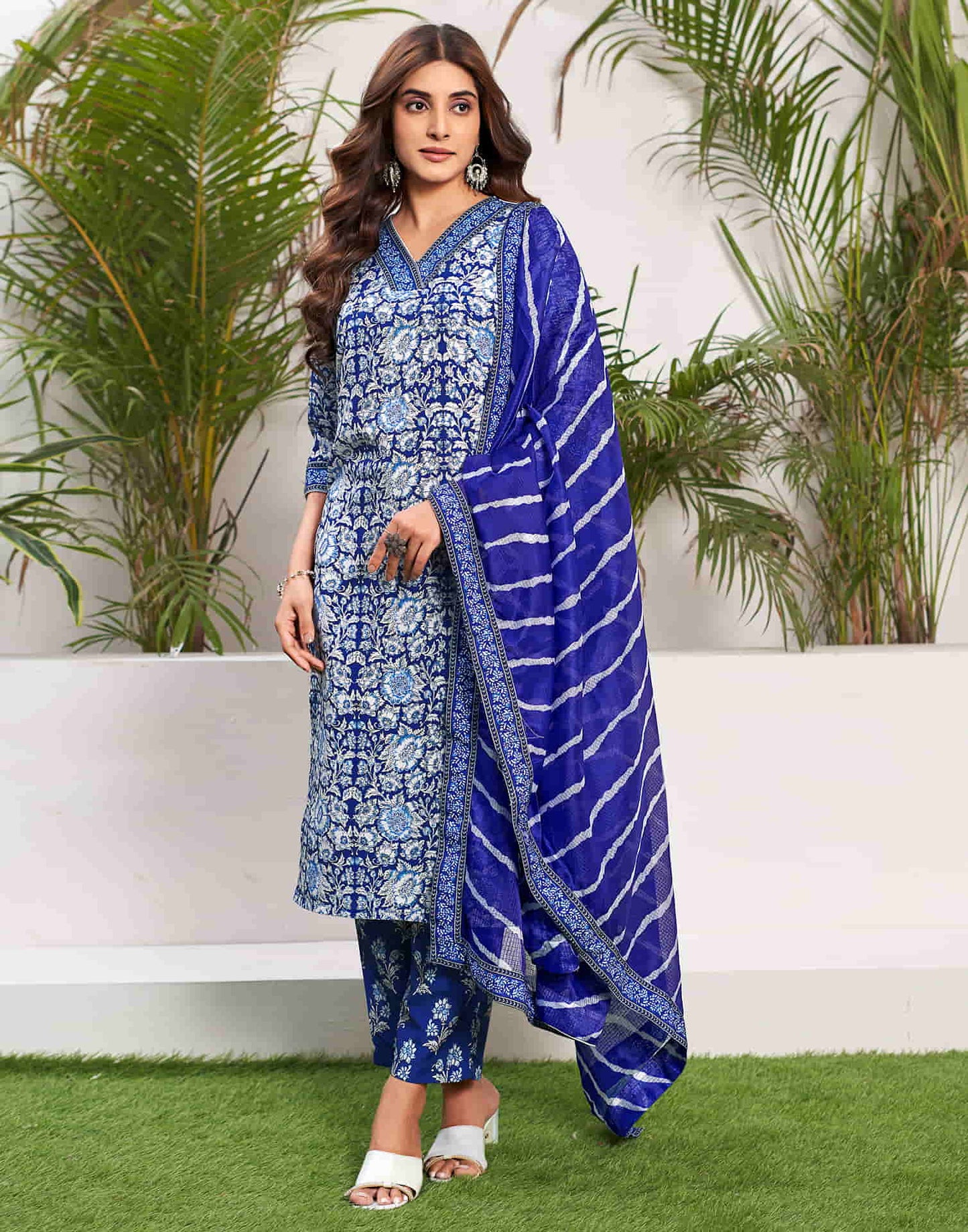 Blue Printed Rayon Straight Kurta With Pant And Dupatta