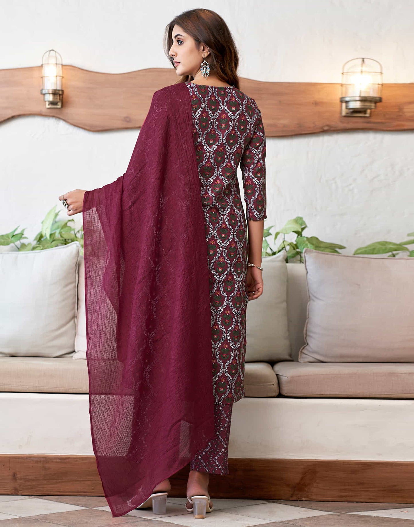 Dark Maroon Printed Rayon Straight Kurta With Pant And Dupatta