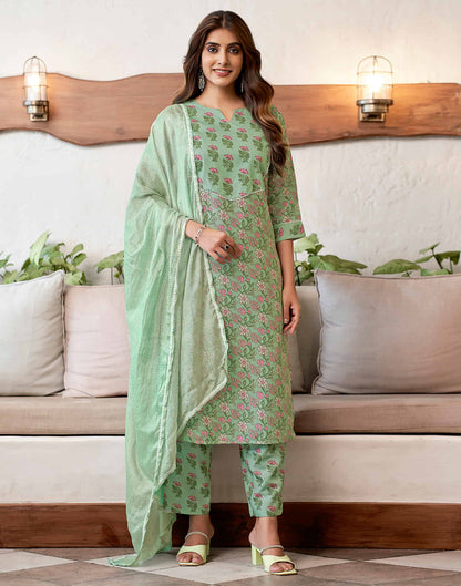 Pista Green Printed Rayon Straight Kurta With Pant And Dupatta