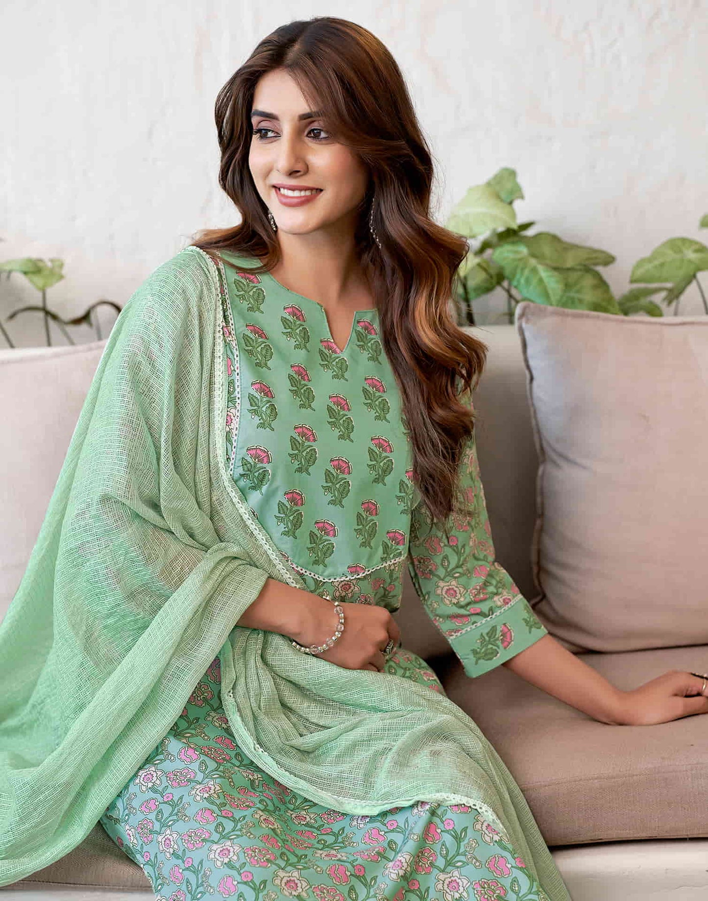 Pista Green Printed Rayon Straight Kurta With Pant And Dupatta